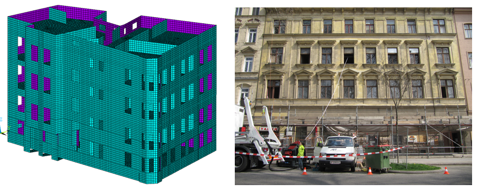 Simulation of a building, next to it photo of a building where the MoSeS is used
