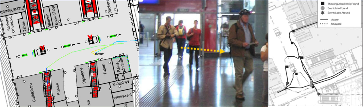Three photo sections: on the left a map of a street, in the middle: people in a subway entrance hall, right: a map view of three marked routes
