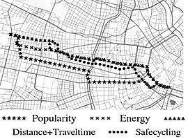 Schwarz/Weiße Karte auf der mit vier verschiedenen Symbolen (Stern, x, Dreieck, Punkt) verschiedene Routen verzeichnet sind nach Popularity, Energy, Distance and Time und Safecycling
