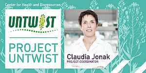 AIT Center for Health & Bioresources koordiniertes Projekt Untwist Logo und ein Porträt der Projektkoordinatorin claudia jonak