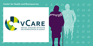 vCare Logo - Center for Health & Bioresources und eine digitale Silhouette hilft einer alten Frau