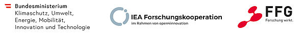 Logos Bundesministerium für Klimaschutz, Umwelt, Energie, Mobilität, Innovation und Technologie, Logo der IEA Forschungskooperation und das Logo vom FFG
