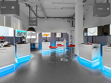 Blick in das Machine Vision Lab mit seinen beleuchteten Demonstratoren 