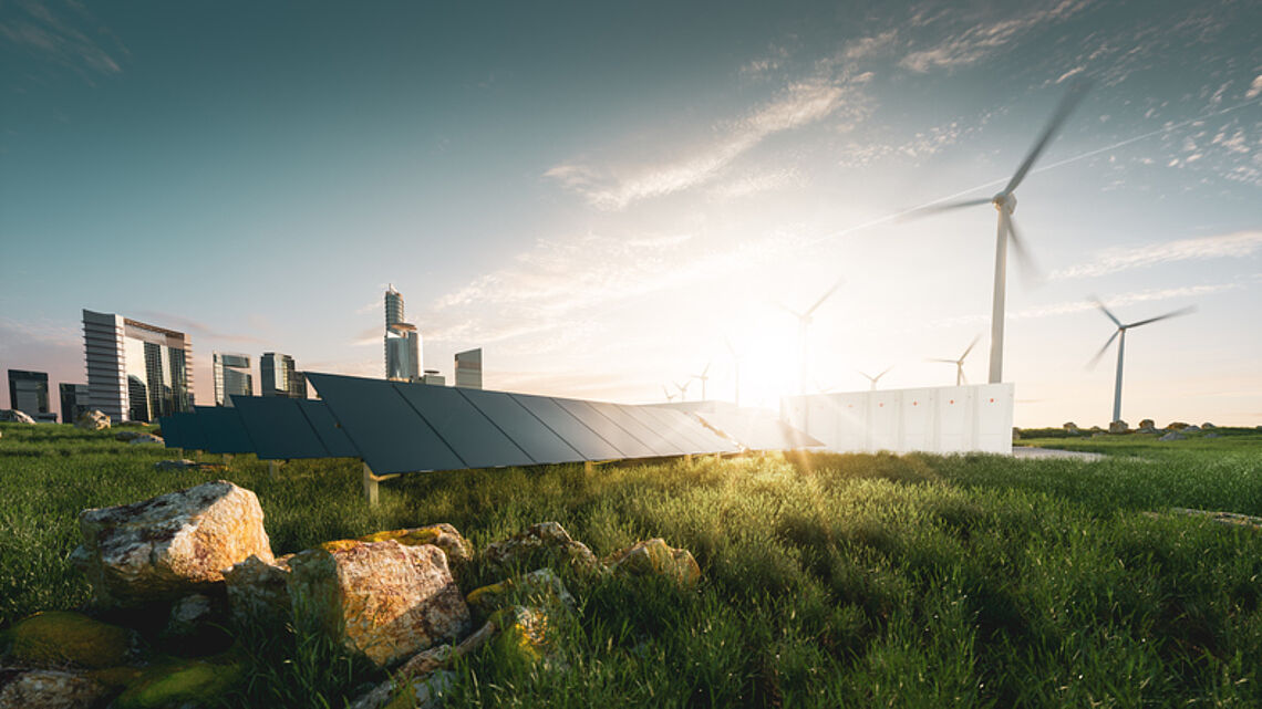 Landscape with photovoltaic panel and wind turbines