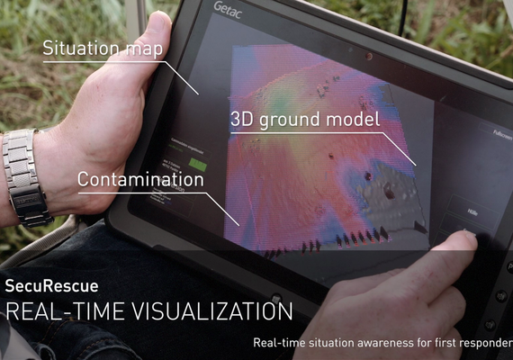 Tablet with a 3D model of the soil with a display of a contamination or situation map. SecuRescue - real-time situation detection for first responders.