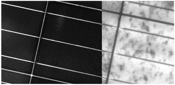 Solarzelle, aufgenommen mit unterschiedlichen Kamerasystemen (links: RGB, rechts: Monochrom, Elektrolumineszenz)