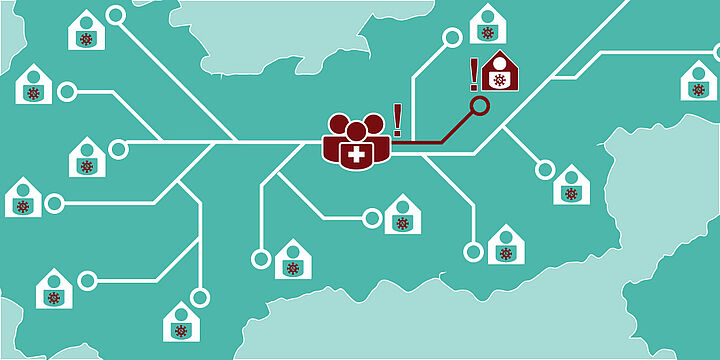 Digitales Netzwerk auf der Karte von Tirol, im Zentrum ein Medizinisches Team das auf einen Notfall aufmerksam wird. Sinnbild für Telehealth für Quarantäenpatienten