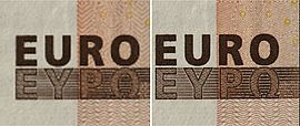 50 Euro Banknoten inspektion mit normaler Prüfmethode (links) und mit ICI (rechts)