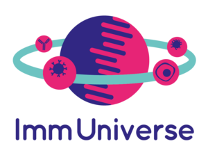 ImmUniverse Projektlogo, vier Bakterien kreisen um ein größeres Bakterium wie Monde um einen Planeten