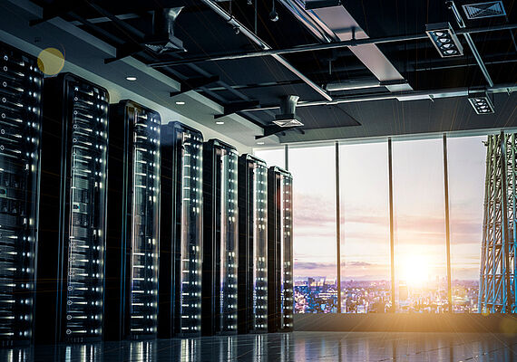 server room with a view over a city