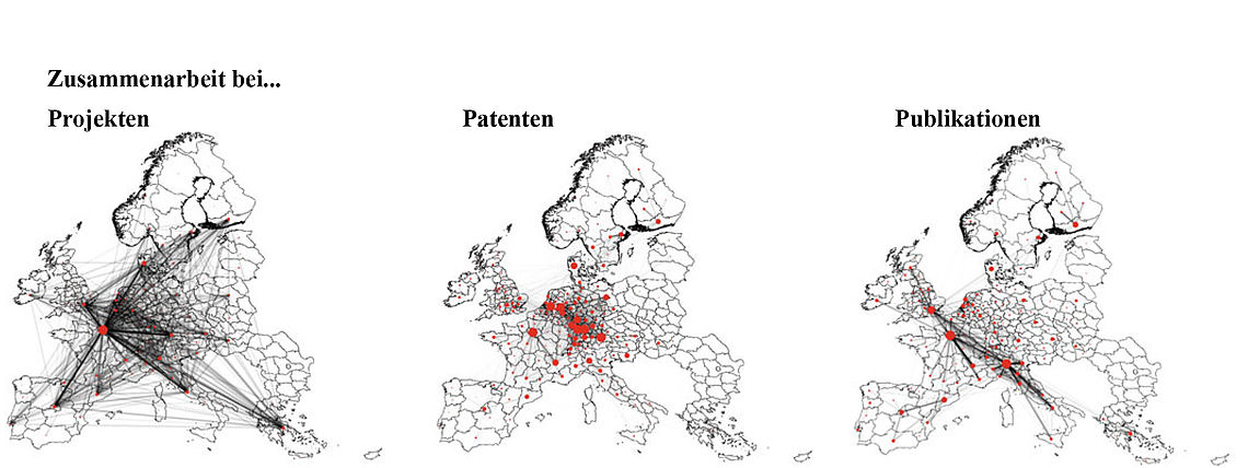 Infografik Europa Zusammenarbeit bei Projekten, Patenten und Publikationen