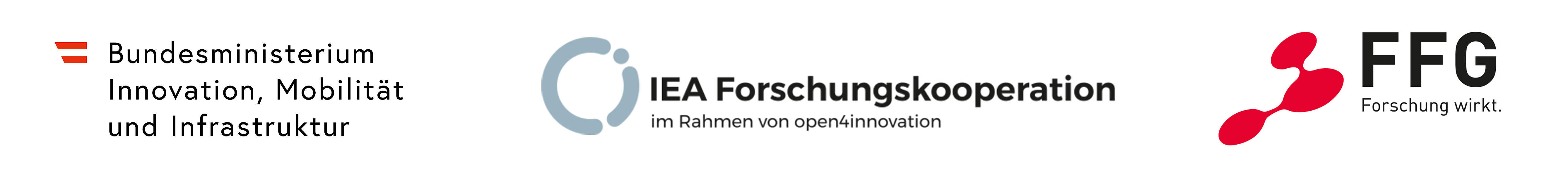 Logo des österreichischen Bundesministeriums für Innovation, Mobilität und Infrastruktur, der IEA Forschungskooperation im Rahmen von open4innocation sowie der FFG - Österreichische Forschungsförderungsgesellschaft