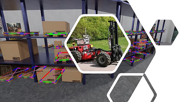 Image scene in a storage facility with autonomous forklift truck in the middle