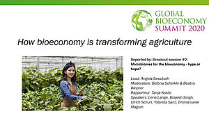 Person mit Schürze und Smartphone im Glashaus, das Logo des Global Bioeconomy Forum 2020 und der Titel "How bioeconomy is transforming agriculture"