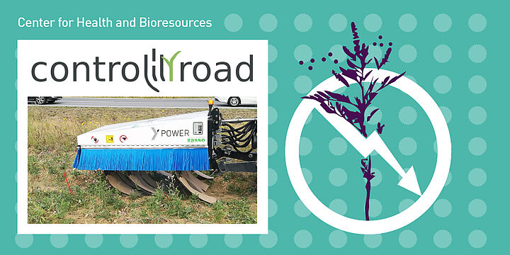 Projektlogo ControlinRoad, Center for Health & Bioresources, ein Symbolbild von Strom das durch Ragweed fährt und das Foto des Anhängers der die Maschine beinhaltet