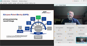 Screenshot während der Präsentation, Günter Schreier präsentiert den Hintergrund der AIT Telehealth Plattform