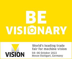Banner der VISION in gelb mit Logo und Datum der Messe in Stuttgart