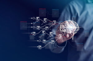 Grafische Darstellung eines Gehirns und Icons die Deep Learning und AI symbolisieren