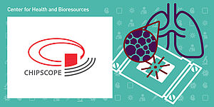 Center for Health & Bioresources, Chipscope Projektlogo und symbolisch der Sensor der Lungenzellen vergrößert und untersucht