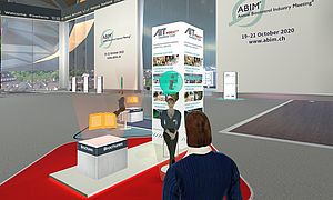 A competer generated conference hall, the walls are labelled with ABIM, an avatar is in front of an AIT booth