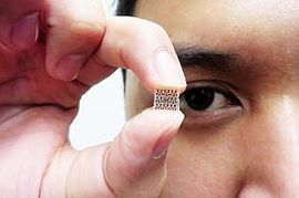 Person hält winzigen Chip zwischen Zeigefinger und Daumen vor das Auge um den Chip zu betrachten.