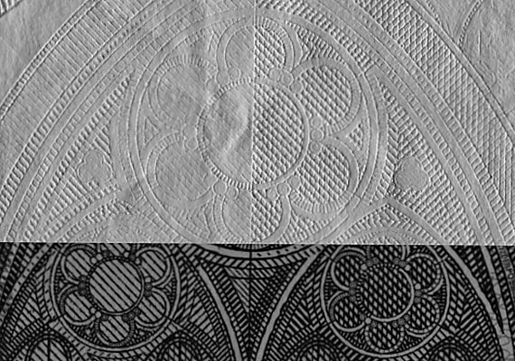 Detail einer Gradient und Albedo Darstellung eines 10 Euro Scheins. Inspektion mit xposure:photometrie. Copyright AIT