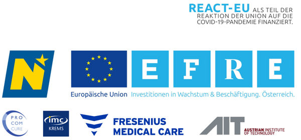 Logos of AIT, Fresenius Medical Care, Procomcure, Imc Krems, Niederösterreich and EFRE