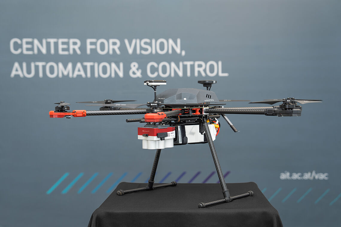 Drone on a pedestal in the AIT Aerial Systems Lab