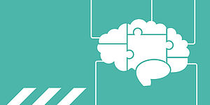 Graphic white on turquoise, a brain in puzzle pieces from which lines go
