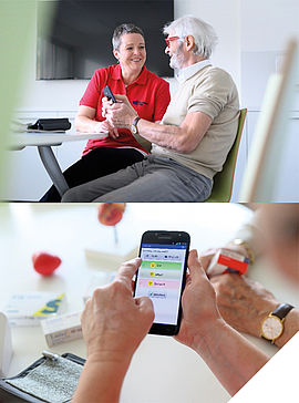 Two pictures, showing a care person supports an elderly to check his vital parameters at his smartphone, the second picture shows the disply where he can recod his well beeing.