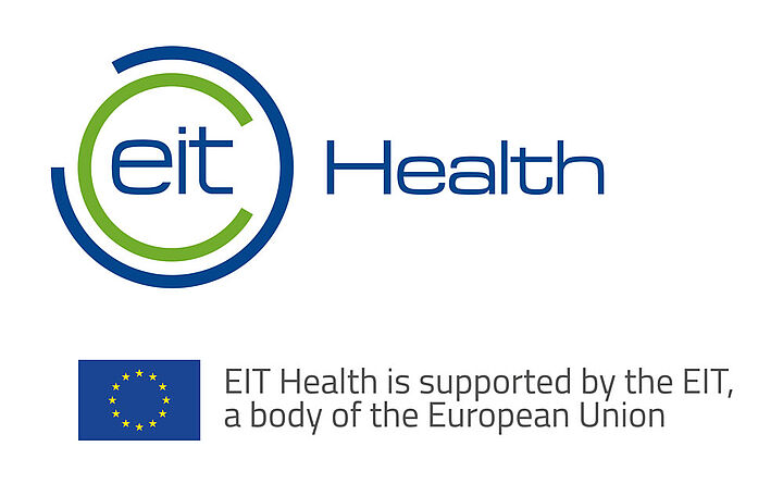 EIT Health Logo mit dem Text "EIT Health is supported by the EIT, a body of the European Union" und einer EU Flagge
