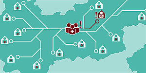 Digital network on the map of Tyrol, in the centre a medical team that is alerted to an emergency. Symbol of telehealth for quarantine patients