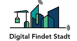 Digital findet Stadt Logo, grafische Stadt auf weißem Hintergrund 