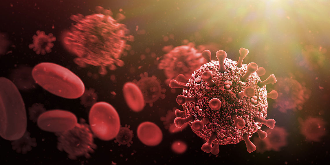 Viruszellen umringt von Blutkörperchen