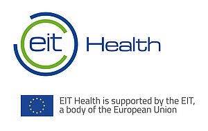 EIT Health Logo mit dem Text "EIT Health is supported by the EIT, a body of the European Union" und einer EU Flagge
