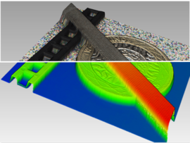 geteiltes Bild einer Münze, auf der oberen Hälfte sieht man ein optimiertes Bild, auf der untern Hälfte ist das Bild in einer 3D Darstellung zu sehen.