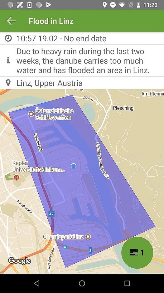 App Crowdtasker Ausschnitt über eine Überschwemmung in Linz am 19. Februar