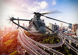 Simulation eines Hubschraubers über einer Stadt