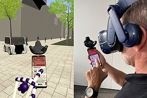 Mann mit VR Brille und Smartphone inkl. Blick in die Virtual Reality Umgebung