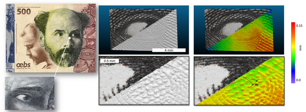 3D Scan einer Testbanknote mit dem Konterfei von Klimt zeigt deutlich den Tiefendruck und die 3D-Topologie 