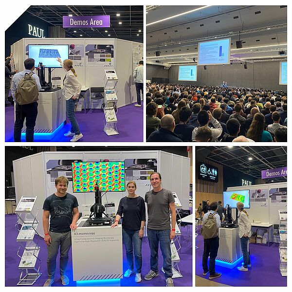 4 combined images from the ICCV Conference 2023 in Paris with Lukas Traxler, Doris Antensteiner and Christian Kapeller with the AIT demonstrator ici:microscopy; additional view into the conference 