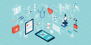 Grafisches Netzwerkbild mit Tablet, Smartphone und anderen medizinischen Symbolen