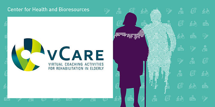 vCare Logo - Center for Health & Bioresources und eine digitale Silhouette hilft einer alten Frau