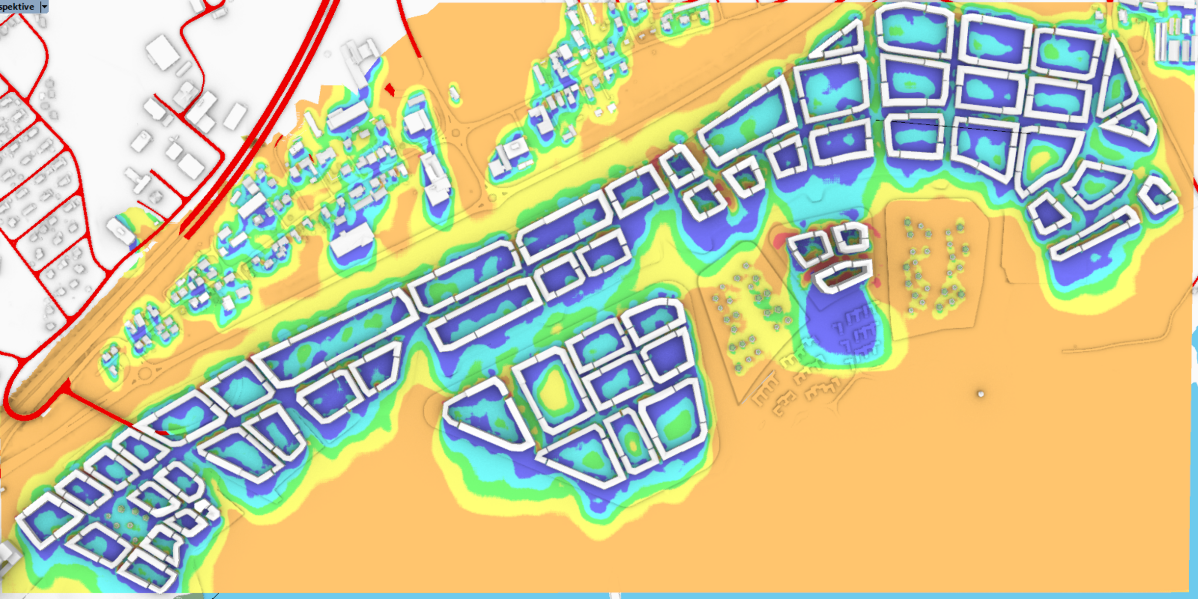 Aerial view of a city with wind zones