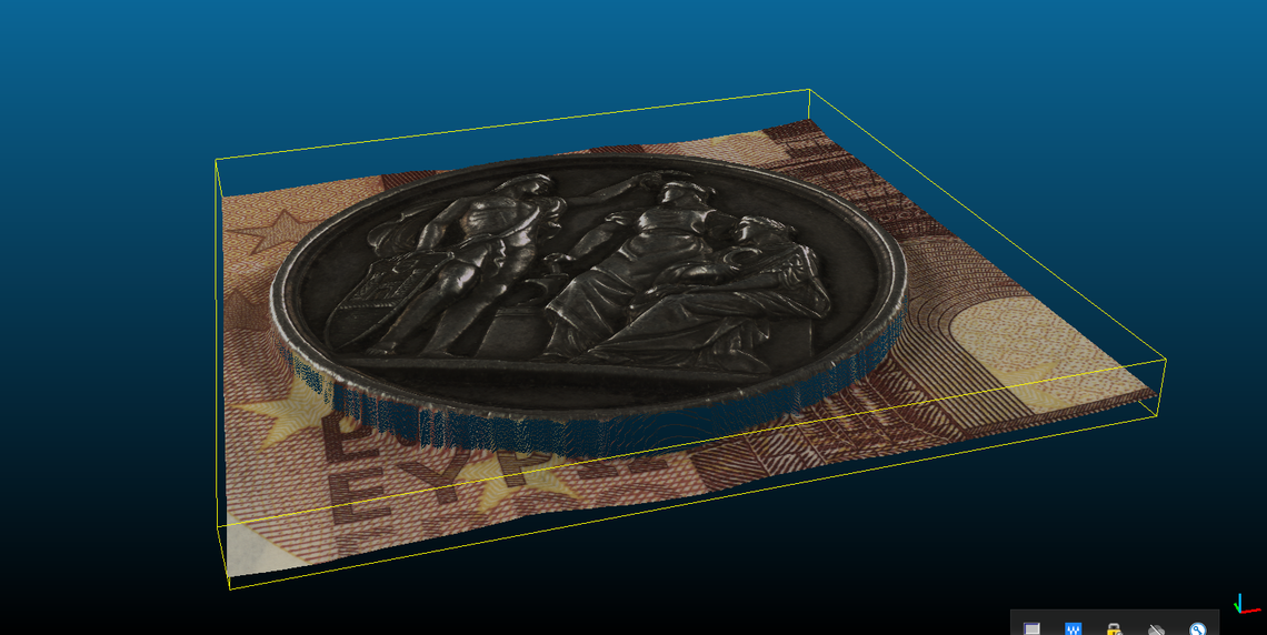 Inline Computational Imaging : 3D Punktwolke eines 10 Euro Geldscheines mit einer Münze darauf Höhenangabe zu markierten Punkten.