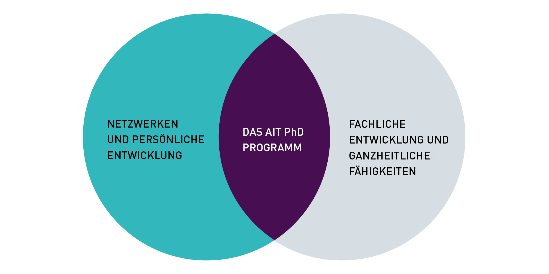 Eine Infografik mit zwei überlappenden Kreisen: links steht netzwerken und persönliche Entwicklung. In der Mitte steht "Das AIT PhD Programm" und rechts steht fachliche Entwicklung und ganzheitliche Fähigkeiten.
