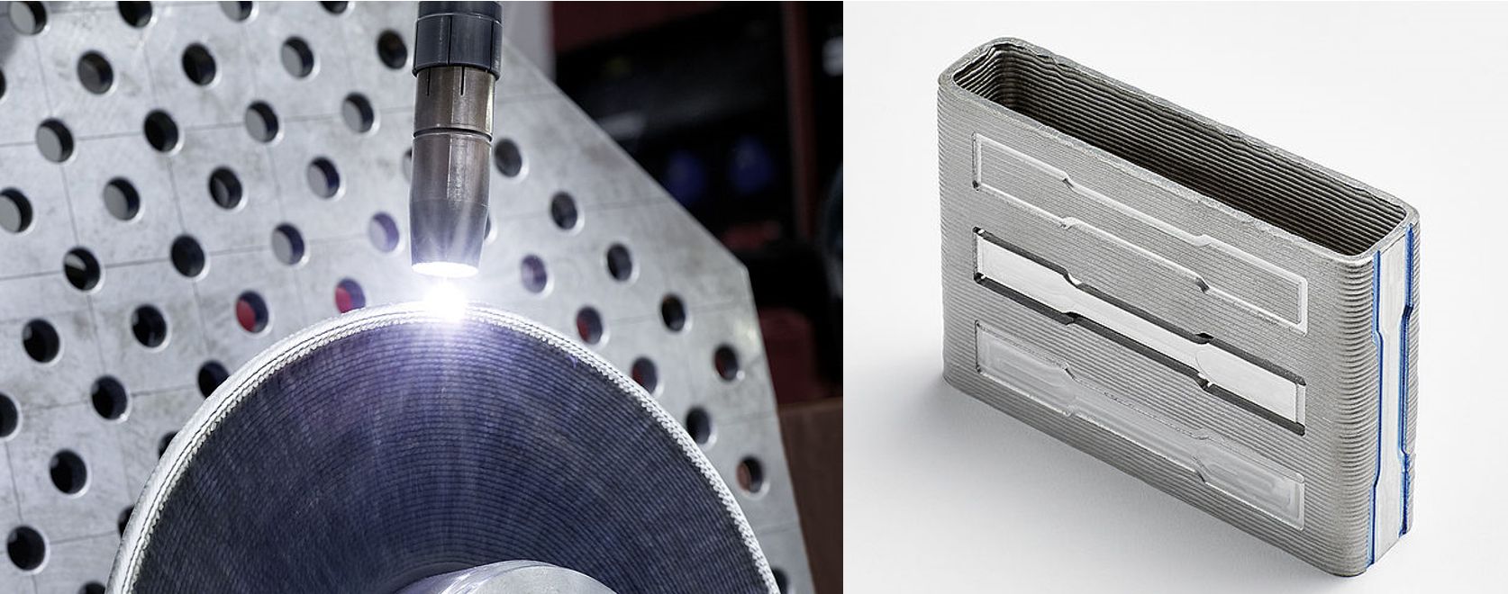 Links: Aufbau eines Bauteils mittels drahtbasiertem 3D-Druck über Lichtbogen, rechts ein fertiges Aluminiumbauteil