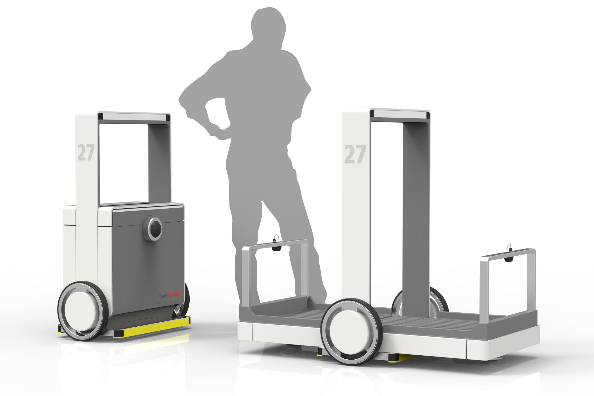 graue, menschliche Figur zu deren rechten und linken Seite Maschinen stehen auf denen man Gegenstände transportieren kann.