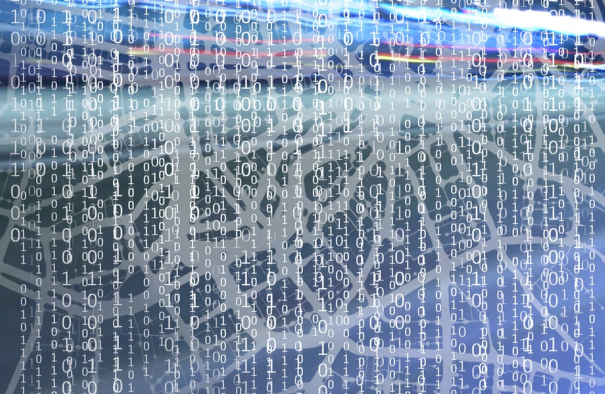 blue background with white net-like pattern over vertical rows of ones and zeros