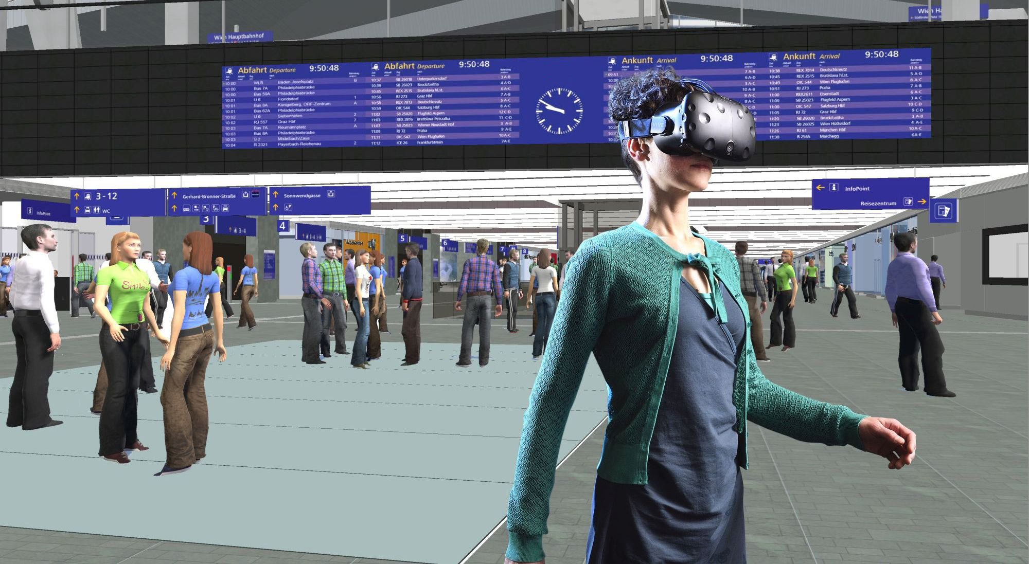 Junge Dame mit Virtual Realtity Brille geht durch eine gut besuchte Bahnhofshalle